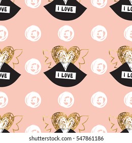Golden seamless pattern with the image of tribal hearts. Gold hand drawn heart for the modern design.
