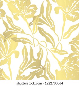 Golden seamless pattern with lily flowers, design elements. Floral  pattern for invitations, cards, print, gift wrap, manufacturing, textile, fabric, wallpapers