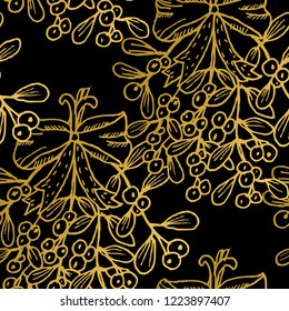 Golden seamless pattern with mistletoes, design elements. Christmas and New Year pattern for invitations, cards, print, gift wrap, manufacturing, textile, fabric, wallpapers