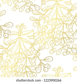 Golden seamless pattern with mistletoes, design elements. Christmas and New Year pattern for invitations, cards, print, gift wrap, manufacturing, textile, fabric, wallpapers