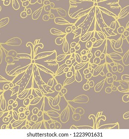 Golden seamless pattern with mistletoes, design elements. Christmas and New Year pattern for invitations, cards, print, gift wrap, manufacturing, textile, fabric, wallpapers