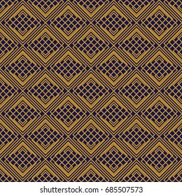 Golden seamless pattern. Modern stylish gold texture and geometric pattern with squares, triangles and hexagons. Repeating goldish tiles with overlapping leaner shapes. Vector.