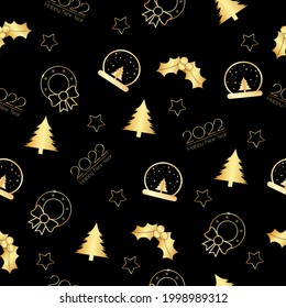 Golden Seamless pattern for New Year and Christmas designs. Gold Christmas numbers and attributes on a black background.