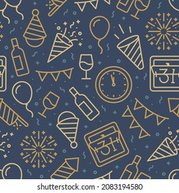 Golden seamless pattern of new year line icons with confetti on blue background