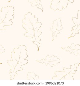 Golden seamless pattern with oak leaves. Vector isolated background with fallen leaf outlines. Gold texture for textile or wrapping paper.