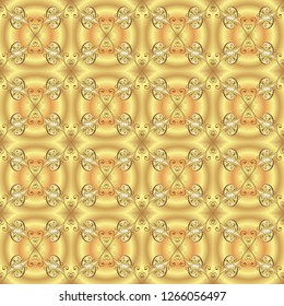 Golden seamless pattern on beige and yellow colors with golden elements. Christmas, snowflake, new year. Seamless vintage pattern on beige and yellow colors with golden elements.