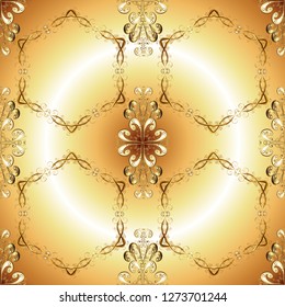 Golden seamless pattern on beige and yellow colors with golden elements. Seamless damask classic golden pattern. Vector illustration. Vector abstract background with repeating elements.