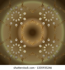 Golden seamless pattern on beige and brown colors with golden elements. Vector abstract background with repeating elements. Vector illustration. Seamless damask classic golden pattern.