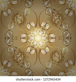 Golden seamless pattern on beige and yellow colors with golden elements. Seamless vintage pattern on beige and yellow colors with golden elements. Christmas, snowflake, new year.