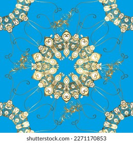 Patrón dorado sin fisuras en tonos beige, azul y marrón con elementos dorados. Patrón dorado clásico de damasco sin soles. Fondo abstracto vectorial con elementos repetitivos. Ilustración vectorial.