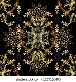 Golden seamless pattern on black, brown and neutral colors with golden elements. Seamless vintage pattern on black, brown and neutral colors with golden elements. Christmas, snowflake, new year.