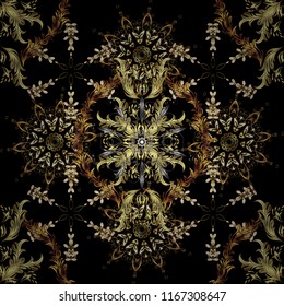 Golden seamless pattern on black, brown and neutral colors with golden elements. Seamless damask classic golden pattern. Vector abstract background with repeating elements. Vector illustration.