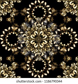 Golden seamless pattern on black, brown and beige colors with golden floral elements. For your design, wallpaper. Golden color seamless illustration. Vector geometric background.