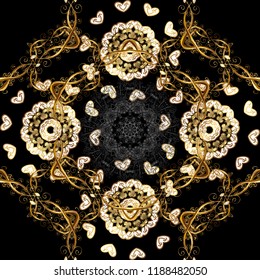 Golden seamless pattern on black, brown and white colors with golden elements. Seamless damask classic golden pattern. Vector illustration. Vector abstract background with repeating elements.