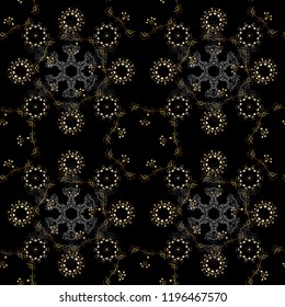 Golden seamless pattern on black, gray and brown colors with golden elements. Seamless vintage pattern on black, gray and brown colors with golden elements. Christmas, snowflake, new year.