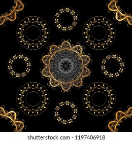Golden seamless pattern on black, brown and gray colors with golden elements. Seamless vintage pattern on black, brown and gray colors with golden elements. Christmas, snowflake, new year.