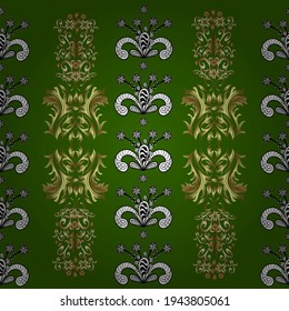 Golden seamless pattern on black, green and white colors with golden elements. Seamless vintage pattern on black, green and white colors with golden elements. Christmas, snowflake, new year.