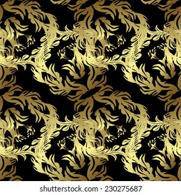 Golden seamless pattern on black, neutral and brown colors with golden elements. Christmas, snowflake, new year. Seamless vintage pattern on black, neutral and brown colors with golden elements.