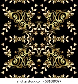 Golden seamless pattern on black background with golden floral elements. For your design, wallpaper. Golden color seamless illustration. Vector geometric background.