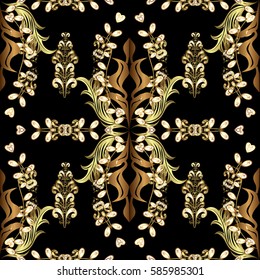 Golden seamless pattern on black background with golden floral elements. For your design, wallpaper. Golden color seamless illustration. Vector geometric background.