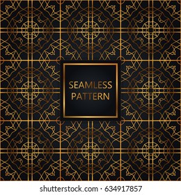 Golden seamless pattern on black background, islamic, oriental, eastern style.Template with luxury foil for packaging, fashion, greetings, cover, wedding. Vector illustration