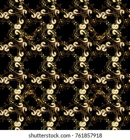 Golden seamless pattern on black, brown and beige colors with golden elements. Seamless damask classic golden pattern. Vector abstract background with repeating elements. Vector illustration.