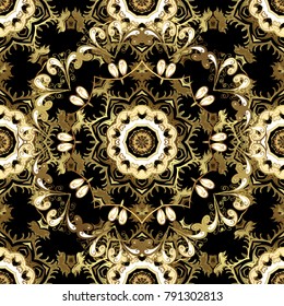 Golden seamless pattern on black colors with golden elements. Seamless vintage pattern on black colors with golden elements. Christmas, snowflake, new year.