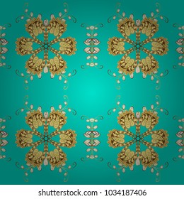 Golden seamless pattern on blue, yellow and brown colors with golden floral elements. For your design, wallpaper. Golden color seamless illustration. Vector geometric background.