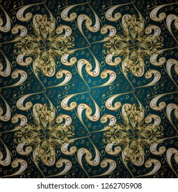 Golden seamless pattern on blue and beige colors with golden elements. Seamless damask classic golden pattern. Vector illustration. Vector abstract background with repeating elements.