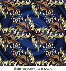 Golden seamless pattern on blue, gray and brown colors with golden elements. Seamless damask classic golden pattern. Vector illustration. Vector abstract background with repeating elements.