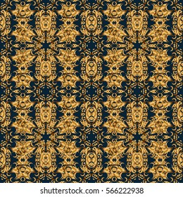 Golden seamless pattern on a blue background. Vector luxury gold pattern.