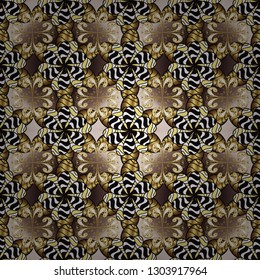 Golden seamless pattern on brown and black colors with golden elements. Christmas, snowflake, new year. Seamless vintage pattern on brown and black colors with golden elements.