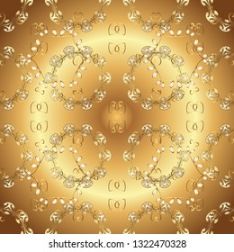 Golden seamless pattern on brown and beige colors with golden elements. Christmas, snowflake, new year. Seamless vintage pattern on brown and beige colors with golden elements.