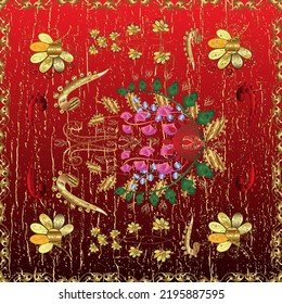 Golden seamless pattern on brown, red and yellow colors with golden elements. Vector illustration. Seamless damask classic golden pattern. Vector abstract background with repeating elements.