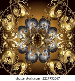 Golden seamless pattern on brown, black and gray colors with golden elements. Seamless damask classic golden pattern. Vector illustration. Vector abstract background with repeating elements.