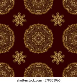 Golden seamless pattern on a brown background. Vector illustration. Elegant Christmas Background with Shining Golden Elements.