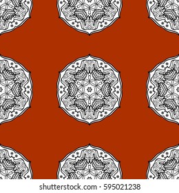 Golden seamless pattern on brown background with white elements. Seamless vintage pattern on brown background with whiteen elements. Christmas, snowflake, new year.