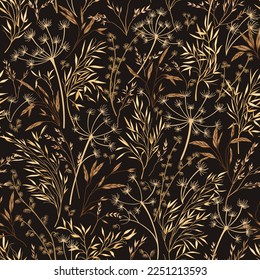 Golden seamless pattern on dark background. Dry and wild grass. Botanical vector  illustration. Field herbs. Layout for wallpaper, textile, fabric, card, banner. Dried plants. Engraving style