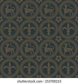 Golden seamless pattern on a dark green background. Royal elements in a gothic style. Ornament for wallpaper, fabrics, tiles and mosaics. Vector illustration