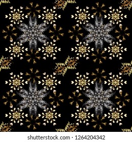 Golden seamless pattern on gray and black colors with golden elements. Vector abstract background with repeating elements. Seamless damask classic golden pattern. Vector illustration.