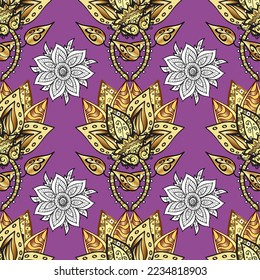 Patrón dorado sin fisuras en tonos grises, amarillos y morados con elementos florales dorados. Para tu diseño, fondo de pantalla. Fondo geométrico vectorial. Ilustración sin fisuras de color dorado.