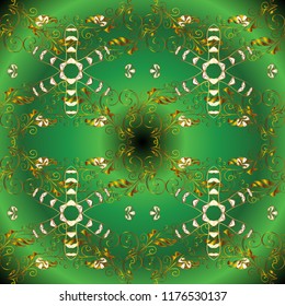 Golden seamless pattern on green, brown and yellow colors with golden elements. Seamless vintage pattern on green, brown and yellow colors with golden elements. Christmas, snowflake, new year.