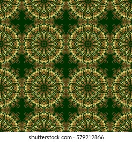 Golden seamless pattern on a green background. Vector luxury gold pattern.