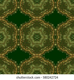 Golden seamless pattern on a green background. Vector luxury gold pattern.