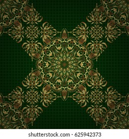 Golden seamless pattern on a green background. Vector illustration. Elegant Christmas Background with Shining Golden Elements.