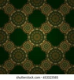 Golden seamless pattern on a green background. Vector illustration. Elegant Christmas Background with Shining Golden Elements.
