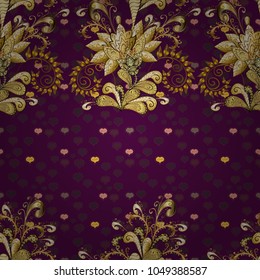 Golden seamless pattern on purple, brown and yellow colors with golden floral elements. Golden color seamless illustration. Vector geometric background. For your design, wallpaper.