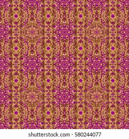 Golden seamless pattern on a purple background. Vector luxury gold pattern.