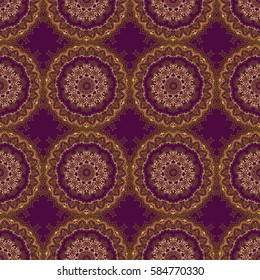 Golden seamless pattern on a purple background. Vector illustration. Elegant Christmas Background with Shining Golden Elements.