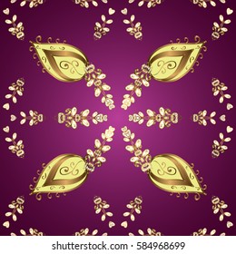Golden seamless pattern on purple background with golden elements. Vector abstract background with repeating elements. Vector illustration. Seamless damask classic golden pattern.